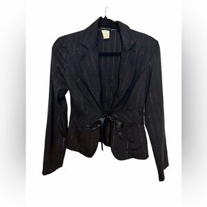Y2K Guess Jeans Black Pinstripe Cropped Blazer – Satin Tie Front (S)